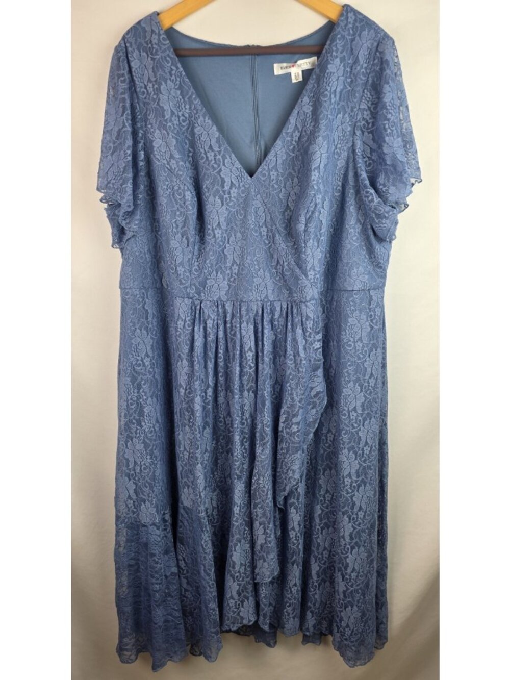 Ever Pretty Women's Dress Size 24 4X Blue Ruffle Lace Short Sleeve Formal A-Line